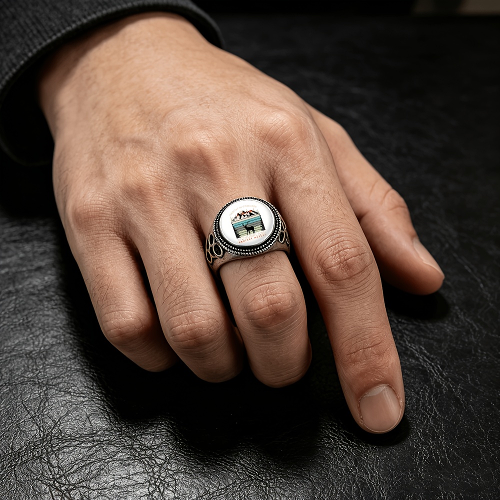 Unisex Adjustable Open-End Ring with Distressed Deer & Mountain Design